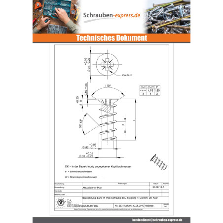 1 x Euro schraube Senkkopfschraube Pozi 6,3X14 Kopf-Durchmesser 7.5 Nickelstahl