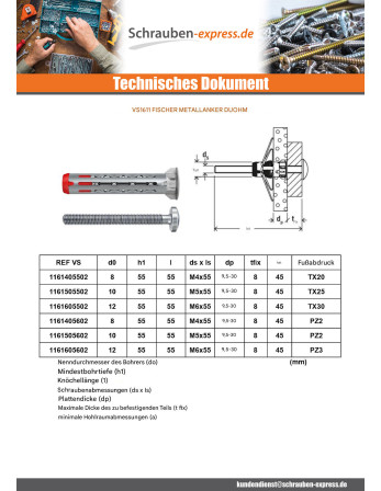 1 x Dübel Metallisch Fischer DUOHM 4X55 TX