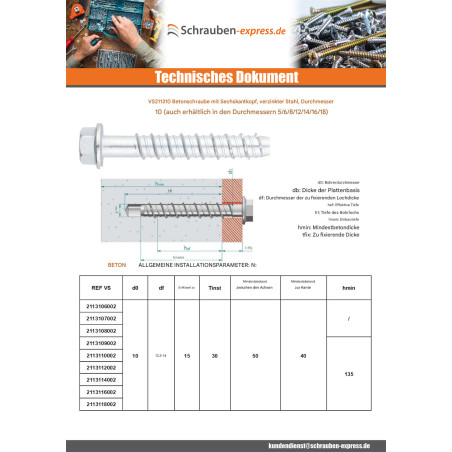 1 x Betonschraube Sechskantkopf Kreuzschlitz mit Flansch T15 10x60 Verzinkt