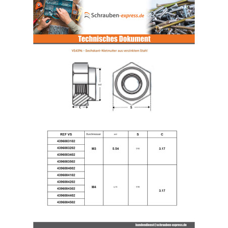 1 x Einniet-Mutter Sechskant Verzinkt M4 Materialdicke 1,5/1,6 mm