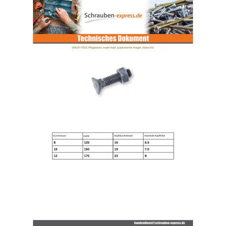 1 x Kopfschraube (mit Mutter) Ovalkopf Flachrund M12x60 gewinde 175 Klasse 8.8 Verzinkt