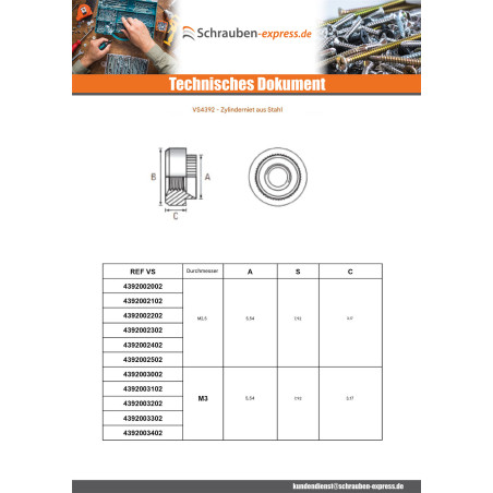 1 x Einniet-Mutter Zylindrisch M4 Materialdicke 3 mm Verzinkt