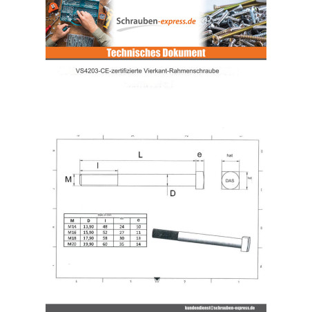 1 x Kopfschraube (mit Mutter) Spanplatte M16x300 Vierkantkopf 29 x 29 x 12 Verzinkt