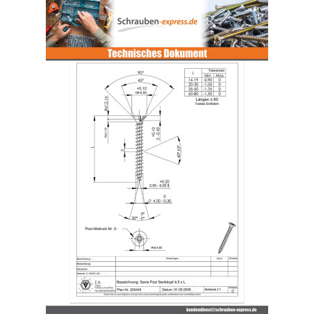 1 x Spanplattenschrauben Senkkopfschraube Pozi N°2 4,5X35 Gesamtgewinde Verzinkt