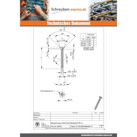 1 x Spanplattenschrauben Senkkopfschraube Pozi N°1 2,5 x 15 Gesamtgewinde Verzinkt Mikroschrauben