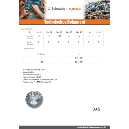 1 x Spanplattenschraube TEKOR Senkkopfschraube Gezahnt 4X25 T20 Verzinkt cut Bohrspitze mit Typ 17 Spitze