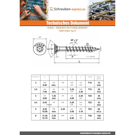 1 x Spanplattenschraube TEKOR Senkkopfschraube Gezahnt 4,5X30 T25 Verzinkt cut Bohrspitze mit Typ 17 Spitze