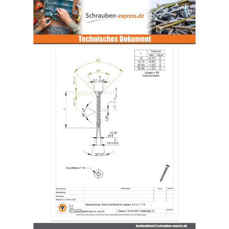 1 x Spanplattenschrauben Senkkopfschraube T15 3,5X12 Verzinkt