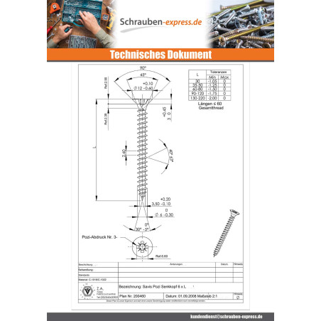 1 x Spanplattenschrauben Senkkopfschraube Pozi N°3 6X70 Verzinkt