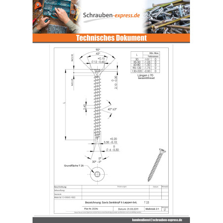 1 x Spanplattenschrauben Senkkopfschraube T25 6x80 Mit Gewinde 48 Verzinkt