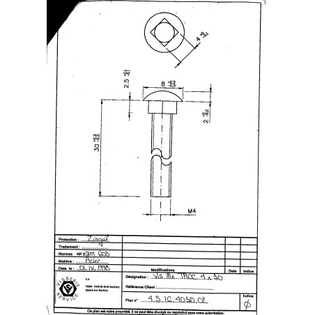 1 x Schlossschraube M4X30 Gesamtgewinde Carr 4x4x2,5 Verzinkt