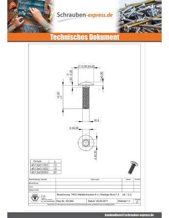 1 x Schlossschraube M6x15 Niedrig 1,5...