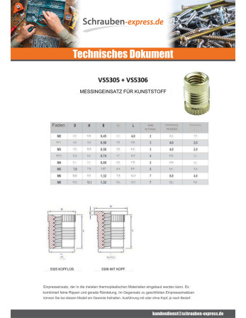 1 x Einsatz Mit Kopf FINFIX Messing M3X4.8