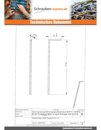 1 x Sechskant-Allen-Schlüssel Von 2 Länge 77...