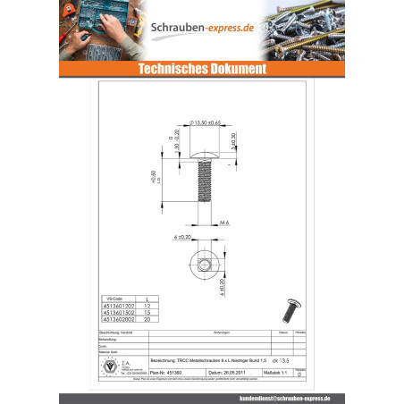 1 x Schlossschraube M6x20 Niedrig 1,5 Kopf-Durchmesser 13,5 Verzinkt