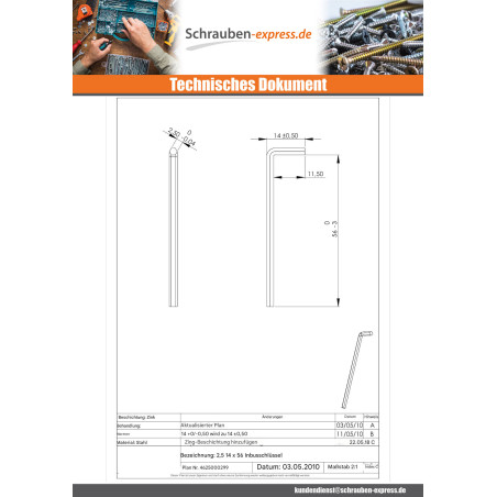 1 x Sechskant-Allen-Schlüssel Von 2,5 14x56 Verzinkt