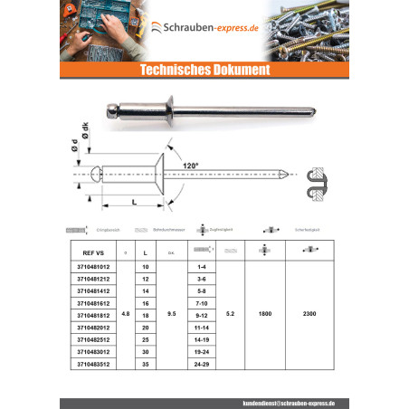 1 x Nieten geschält GOSTAR Aluminium Stahlgewinde Standard-Rundkopf 4,8 x 30