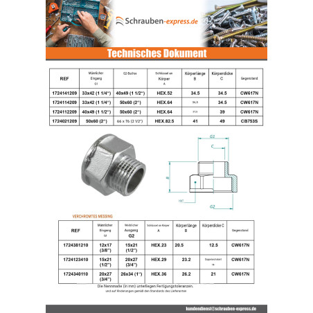 1 x Verkleinerte hexagonale Brustwarze Abbildung 246 Männlich weiblich 26x34 (1") M X 50x60 (2") Gespalten Messing