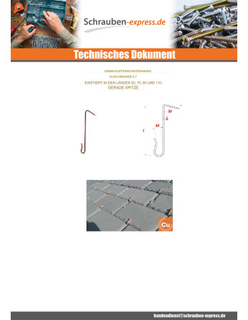 1 x Dachhaken Kupfer 2,7x90