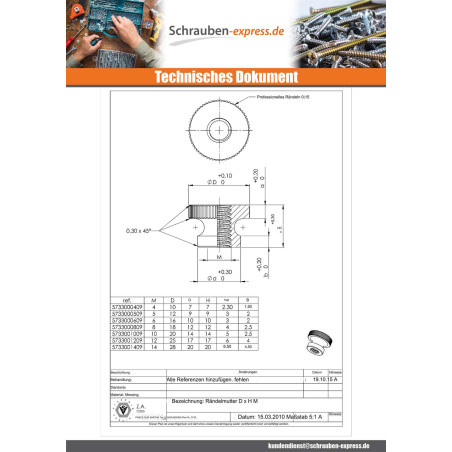 1 x Muttern Gerändelt Messing M6 16x10 EMM
