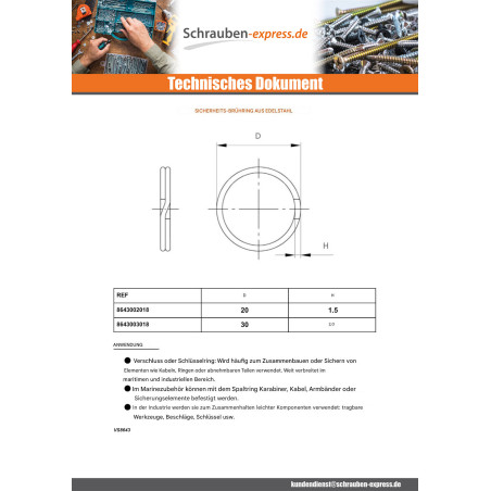 1 x Sicherungsringe BRISE Durchmesser 20 Edelstahl A2