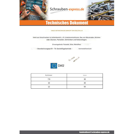 1 x Betonschraube Senkkopf T30 Edelstahl A4 7,5 x 105 Mit Gewinde 50