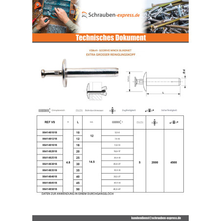 1 x Blindniet GODRIVE MINOX Extra breiter Kopf durchgehend 4,8 x 45