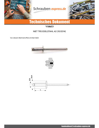 1 x Blindniet Voll Edelstahl TRS 3,2 x 18...