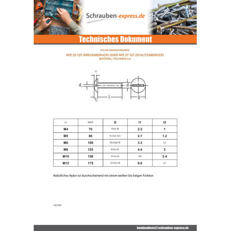1 x Schraube Flachrundkopfschraube natürlich nylon Polyamid 6.6 M8x10