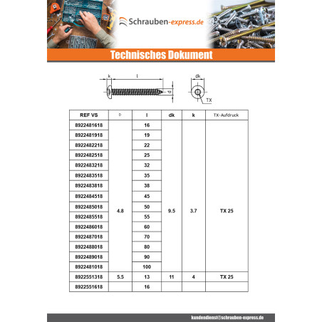 1 x Blechschraube Zylindrischer Halbrundkopf 4,8 x 50 T25 Edelstahl A4