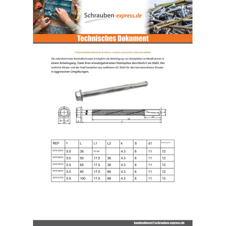 1 x Selbstbohrende Schrauben Bimetall Sechskantkopf Kreuzschlitz mit Flansch 5,5 x 65 Bimetall Stahl / Edelstahl A2