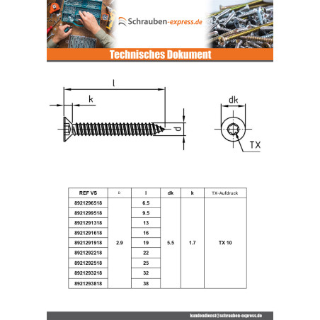 1 x Blechschraube Senkkopfschraube 5,5 x 80 T25 Edelstahl A4