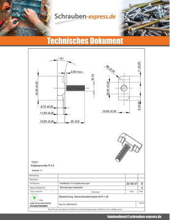 1 x Metallschrauben Hammerkopf M10x35 Edelstahl