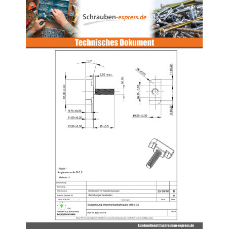 1 x Metallschrauben Hammerkopf M10x35 Edelstahl