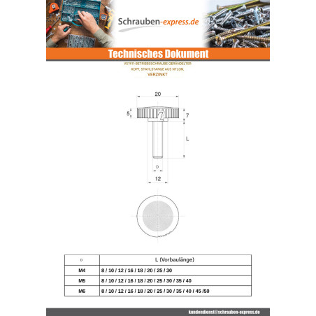 1 x Metallschrauben Kopf Gerändelt schwarzes Nylon Stange Verzinkt M6X50
