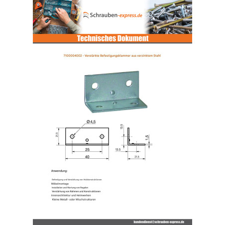 1 x Befestigungswinkel verstärkt 40 x 21,5 Dicke 1,5 Verzinkt