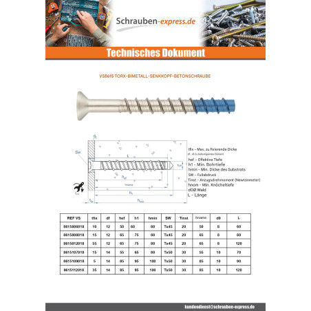 1 x Betonschraube Senkkopfschraube T50 10x90 Bimetall