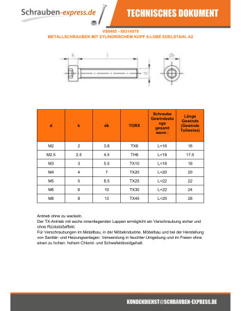 1 x Metallschrauben Zylindrischer Flachkopf T6...