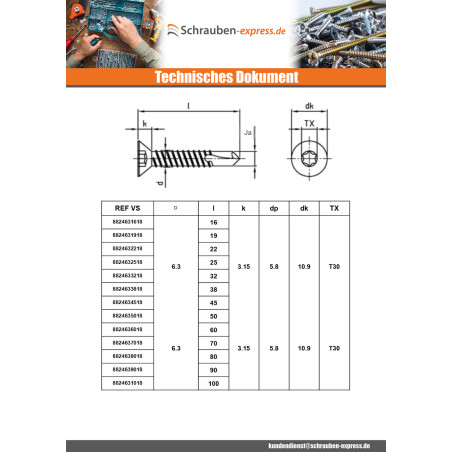 1 x Selbstbohrende Schrauben Senkkopfschraube 5,5 x 70 T25 Edelstahl AISI 410