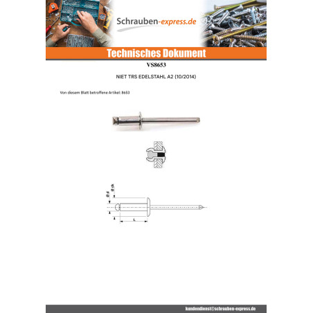 1 x Blindniet Voll Edelstahl TRS 3,2 x 14 Klemmdicke 9 für 11