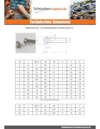 1 x Vollniet Rundkopf Edelstahl A2 2,5 x 10