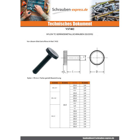 1 x Metallschrauben schwarzes Nylon Zylindrischer Flachkopf Gerändelt M6x10
