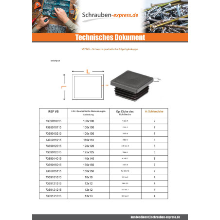 1 x Abdeckung für Vierkantrohr 48x48 Rohrwandstärke 1 für 2,5 Schwarzes Polyethylen