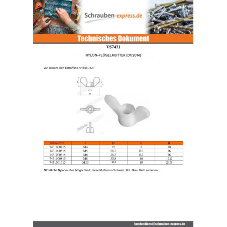 1 x Flügelmutter natürlich nylon M6