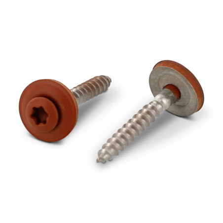 1 x Holzschrauben Flacher Senkkopf T20 Edelstahl A2 RAL8004 kupferbraun 4,5 x 25 Scheibe mit EPDM Neopren-Dichtung