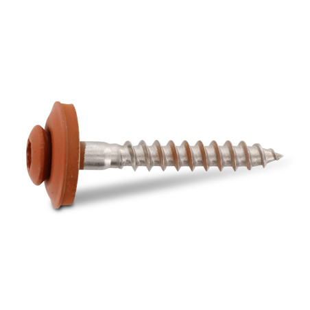 1 x Holzschrauben Flacher Senkkopf T20 Edelstahl A2 RAL8004 kupferbraun 4,5 x 25 Scheibe mit EPDM Neopren-Dichtung