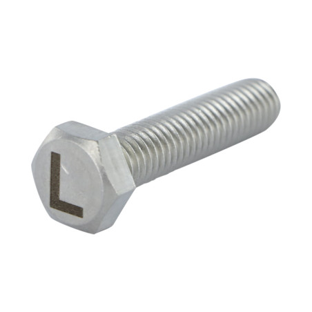 1 x Metallschrauben Sechskantkopf 8x35 Edelstahl A4 mit Buchstabengravur "L"