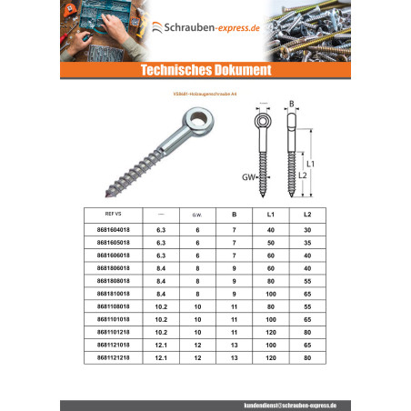 1 x Augenschraube Holz 8x100 Mit Gewinde 65 Auge 8.4 Edelstahl A4