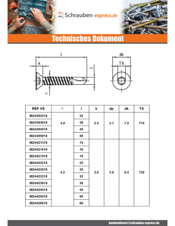 1 x Selbstbohrende Schrauben Senkkopfschraube...