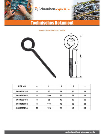 1 x Ringschraube Holz Edelstahl A4 Schwarz 8x84...